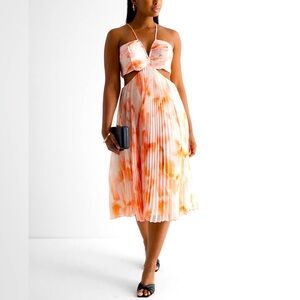 Express Floral V-Neck Vacation Pleated Cutout Midi Dress Medium